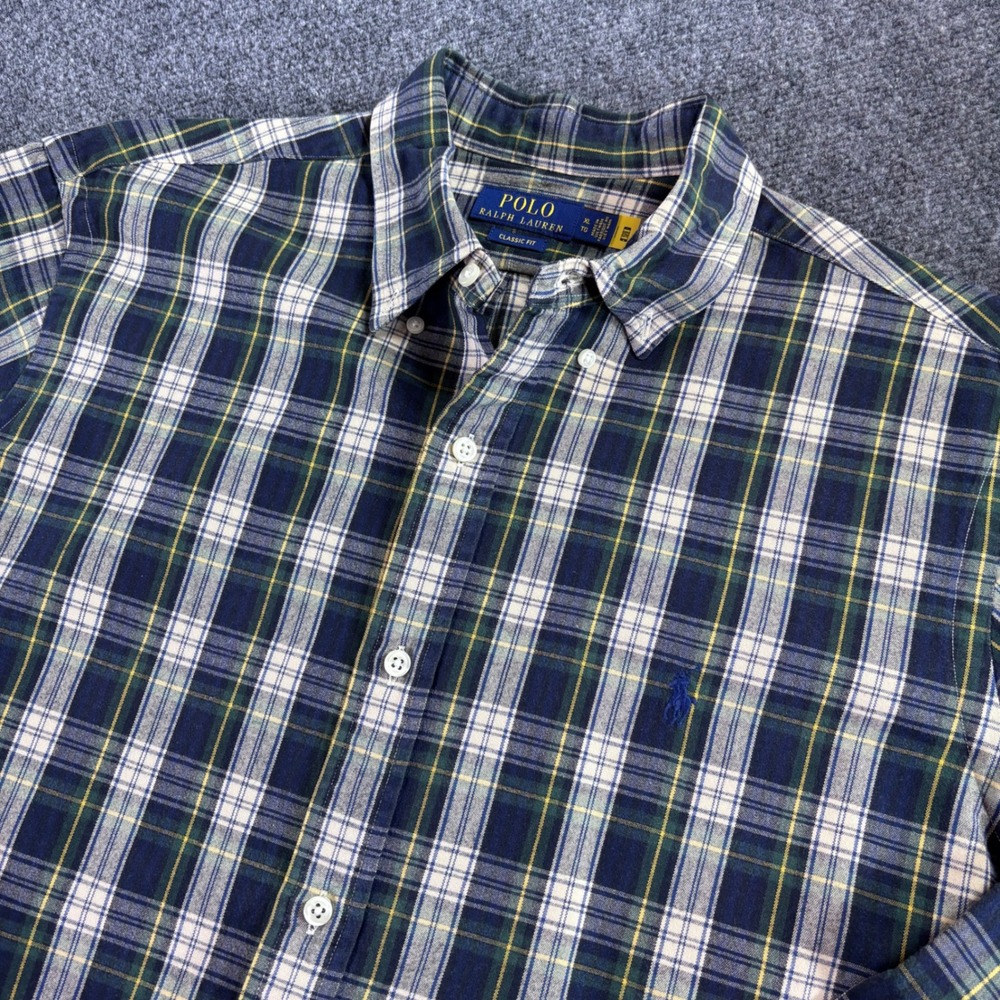 Polo Ralph Lauren Button Down Shirt Mens XL Navy Green Plaid Classic Fit Cotton